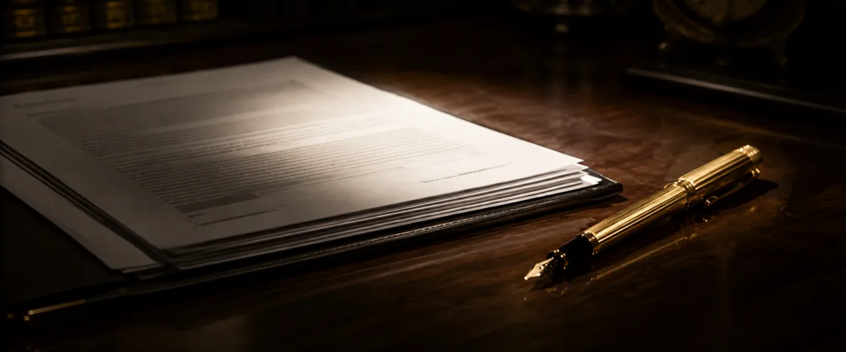 Contract documents with a gold pen on a dark desk under a focused overhead light