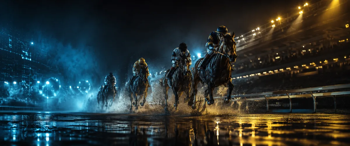 Thoroughbreds racing at night on a floodlit wet track with blue mist and light reflections