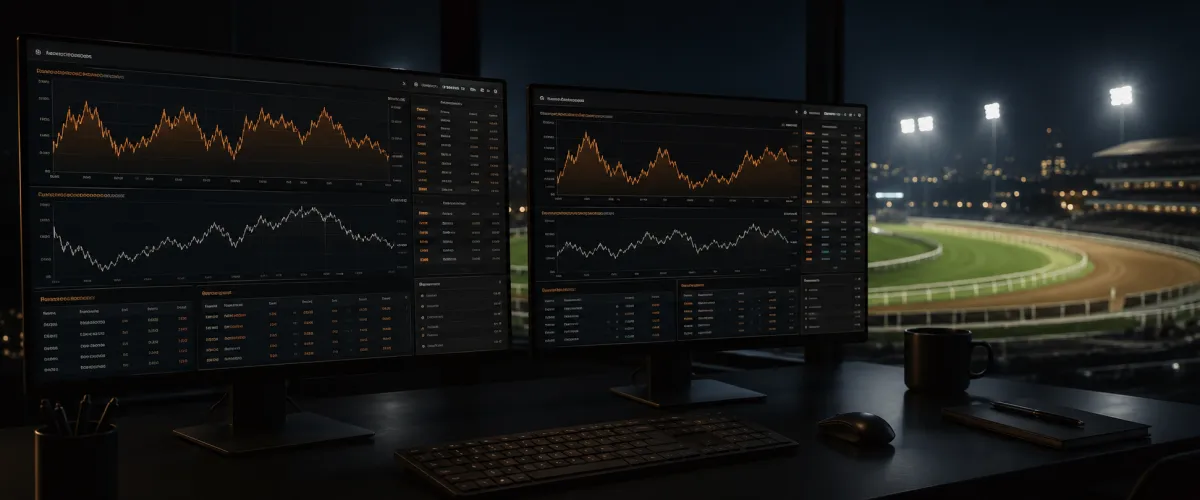 Dual monitors displaying horse racing odds charts with a floodlit racetrack visible at night