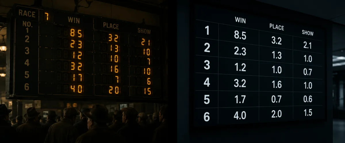 Side-by-side comparison of a traditional analog tote board and a modern digital odds display