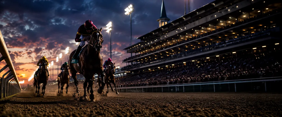 Thoroughbreds approaching at full gallop down a floodlit home straight at a major racecourse