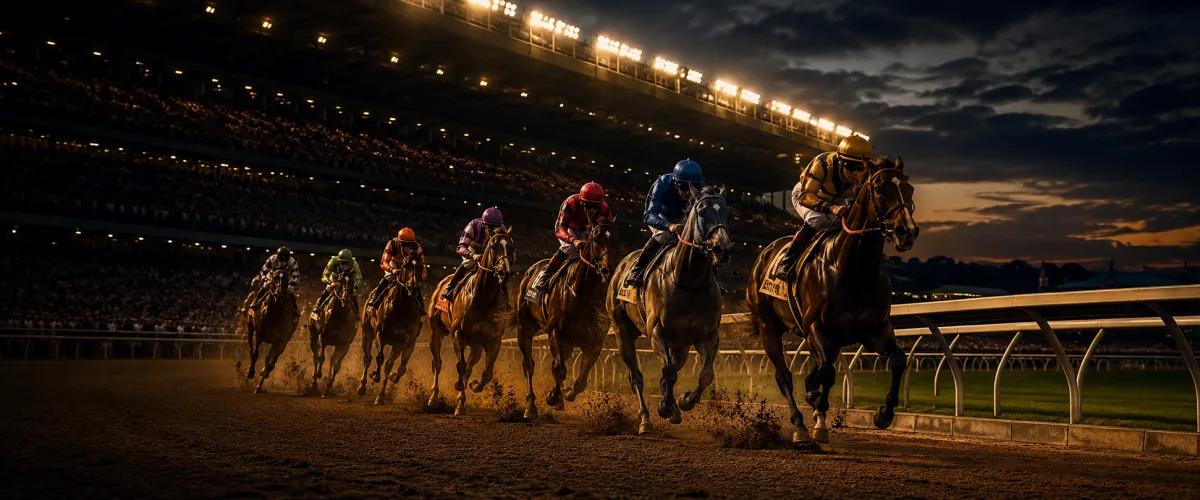Thoroughbreds racing at full gallop under floodlights on a prestigious racetrack at dusk
