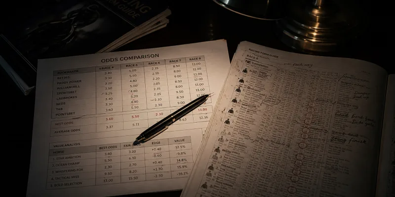 Printed odds comparison sheets under focused lamplight on a dark desk
