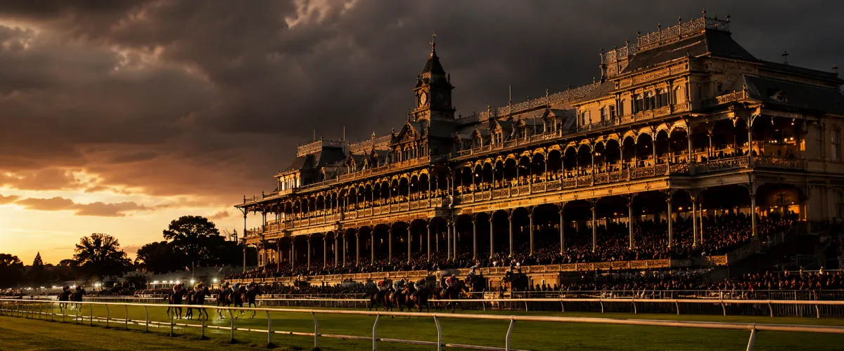 Grand Victorian racecourse grandstand at dusk with horses on the track below under a stormy sky