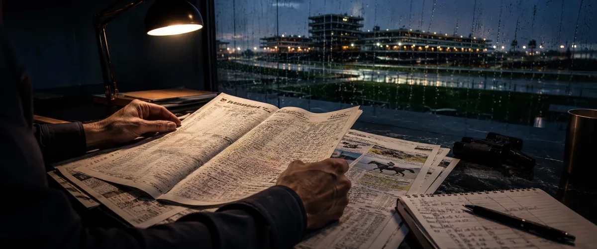 Professional bettor reviewing annotated race form at a dark desk, grandstand visible through rain-streaked window