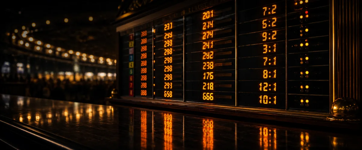 Illuminated traditional odds board at a racecourse with warm amber reflections