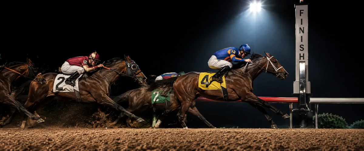 Thoroughbreds frozen mid-stride at the finish line under a single stadium floodlight beam
