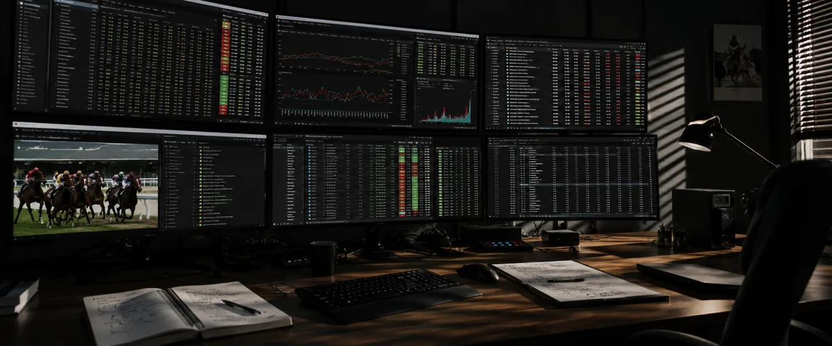 Professional multi-monitor betting workstation with racing data under raking side-light