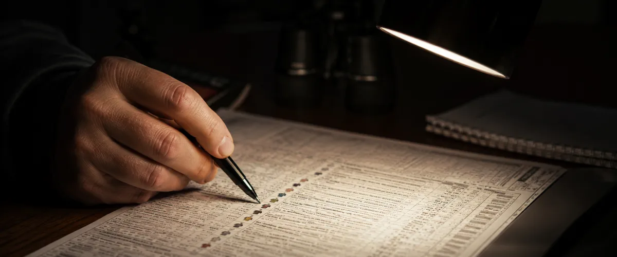 Bettor's hand pointing to a race form entry under a focused desk lamp, deep shadows surrounding