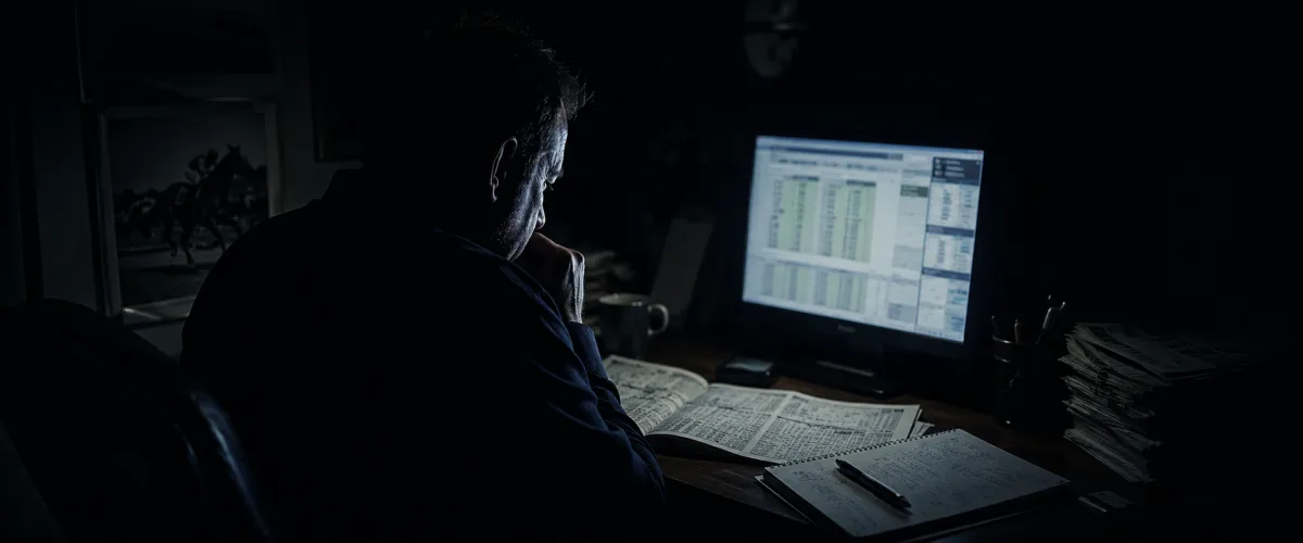 Lone professional bettor at a dimly lit desk illuminated by monitor glow, racing form visible